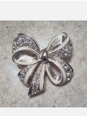Nolan Miller Silver and Enamel Bow Brooch with Crystal